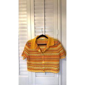 Zara Striped Crochet Knit Collared Top S